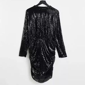 In The Style Black Sequin High Neck Long Sleeve Ruched Dress Size: 18 NWT ASOS